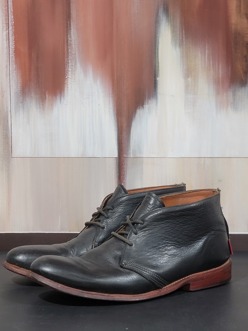 Source Unknown Black Leather Chukka Boots with Brown Sole